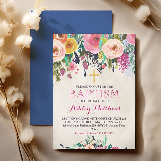 Pink Floral Watercolor Baptism Invitation (Creator Uploaded)