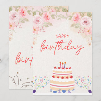 Pink Floral Watercolor Birthday Invitation Card 