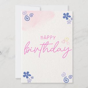 Pink Floral Watercolor Birthday Invitation Card 