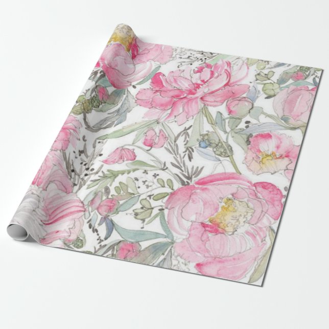 Pink Floral Watercolor Birthday Shower Wedding Wrapping Paper (Unrolled)