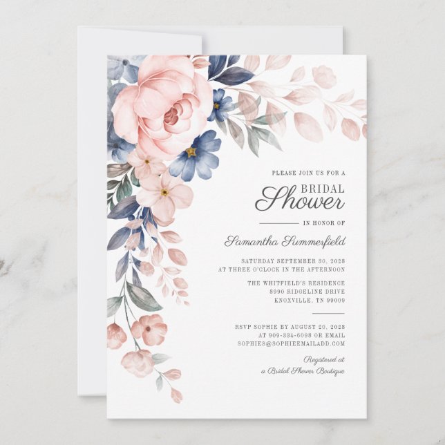 Pink Floral Watercolor Bloom Script Bridal Shower Invitation (Front)