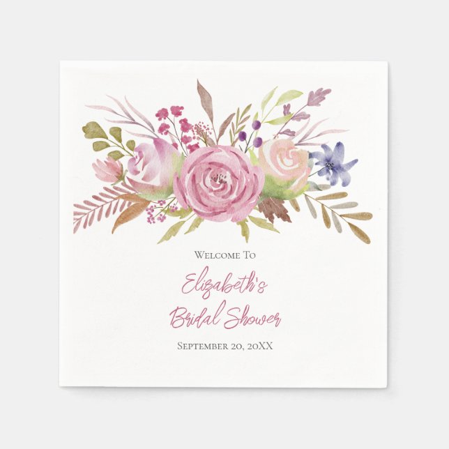 Pink Floral Watercolor Botanical Bridal Shower Napkin (Front)