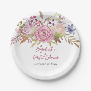 Pink Floral Watercolor Botanical Bridal Shower Paper Plate