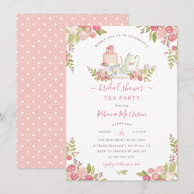 Pink Floral Watercolor Bridal Shower Tea Party Invitation (Front/Back)