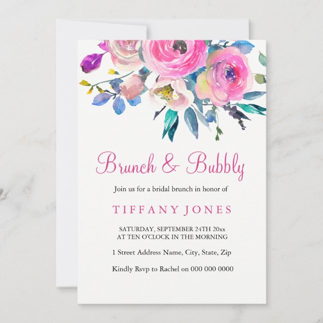Pink Floral Watercolor Brunch & Bubbly Invite (Front)