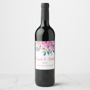 Pink Floral Watercolor Brunch & Bubbly Wine Label