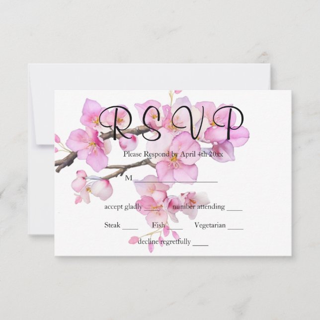 Pink floral watercolor cherry blossoms calligraphy RSVP card (Front)