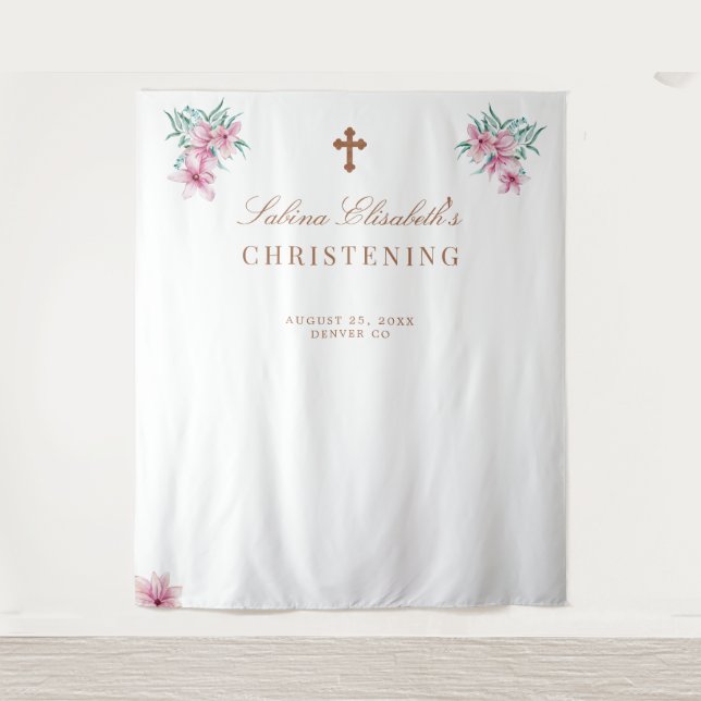 Pink floral watercolor Christening photo prop Tapestry (Front)