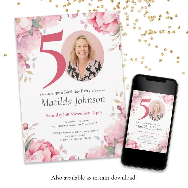 Pink Floral Watercolor Custom Photo 50th Birthday Invitation (50th Birthday Pink Floral Watercolor Custom Photo Invitation
)