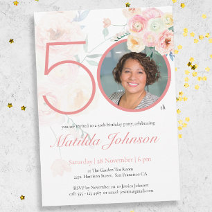 Pink Floral Watercolor Custom Photo 50th Birthday  Invitation