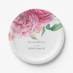 Pink Floral Watercolor Elegant Botanical Wedding Paper Plate