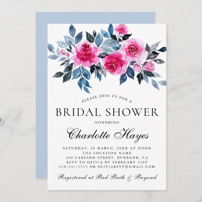 Pink Floral Watercolor Elegant Bridal Shower Invitation (Front/Back)