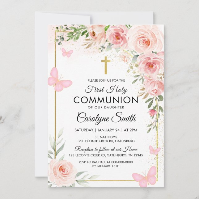 Pink Floral Watercolor First Holy Communion Invitation (Front)
