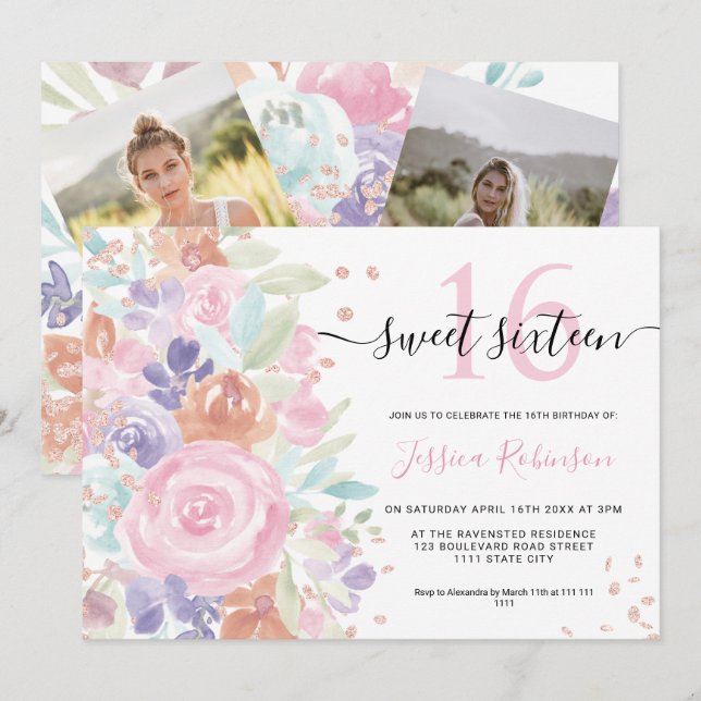 Pink floral watercolor glitter Sweet 16 photo Invitation (Front/Back)