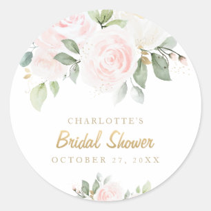 Pink Floral Watercolor Gold Bridal Shower Classic Round Sticker