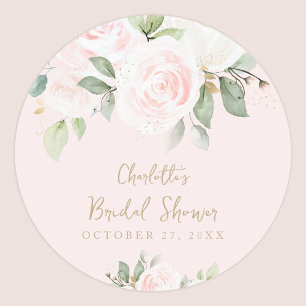 Pink Floral Watercolor Gold Bridal Shower Classic Round Sticker