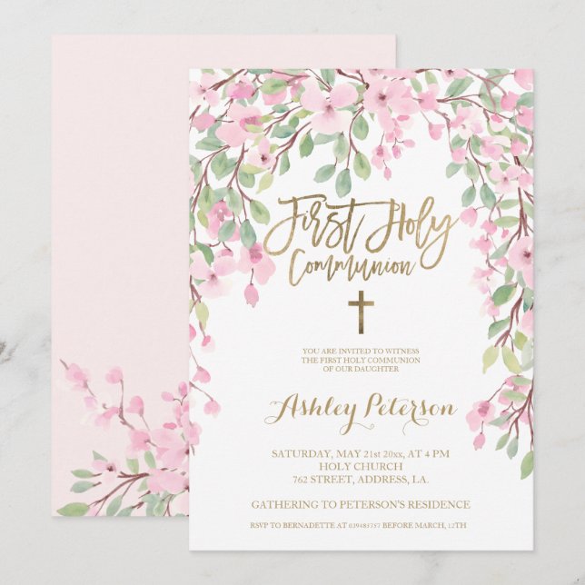 Pink floral watercolor gold First Holy Communion Invitation (Front/Back)