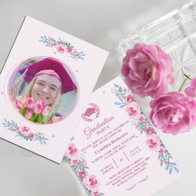 Pink Floral Watercolor Graduation Invitation (Creator Uploaded)