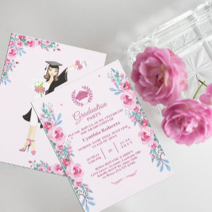 Pink Floral Watercolor Graduation Invitation