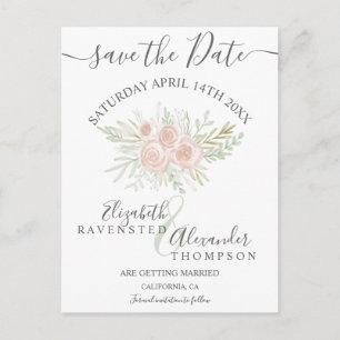 Pink floral watercolor greenery chic save the date announcement postcard