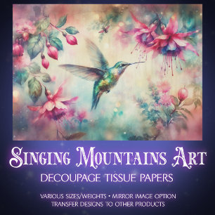 Pink Floral Watercolor Hummingbird Decoupage Tissue Paper