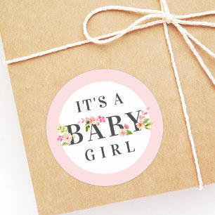 Pink Floral Watercolor Its a Baby Girl Classic Round Sticker