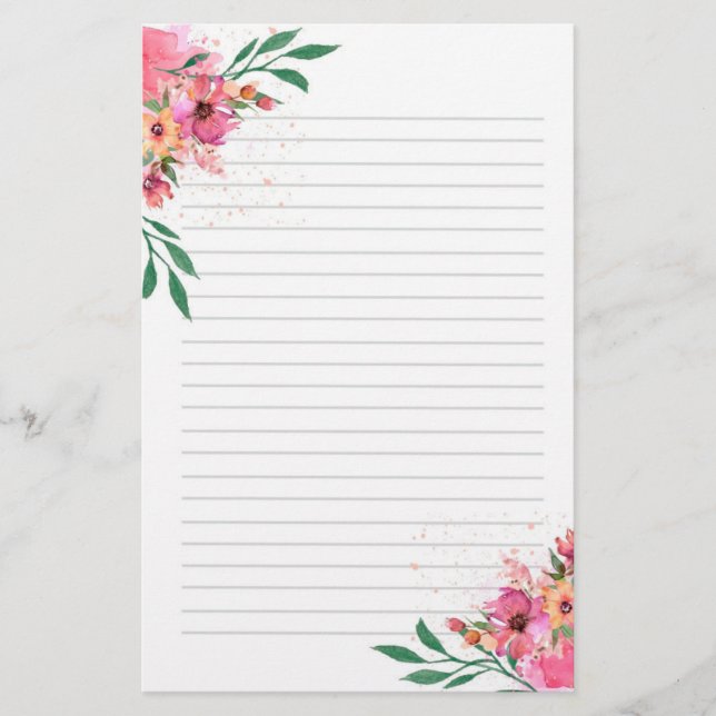 Pink Floral Watercolor Lined Stationery (Front)