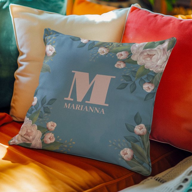 Pink Floral Watercolor Monogram Custom Cushion (Pink floral monogram throw pillow)