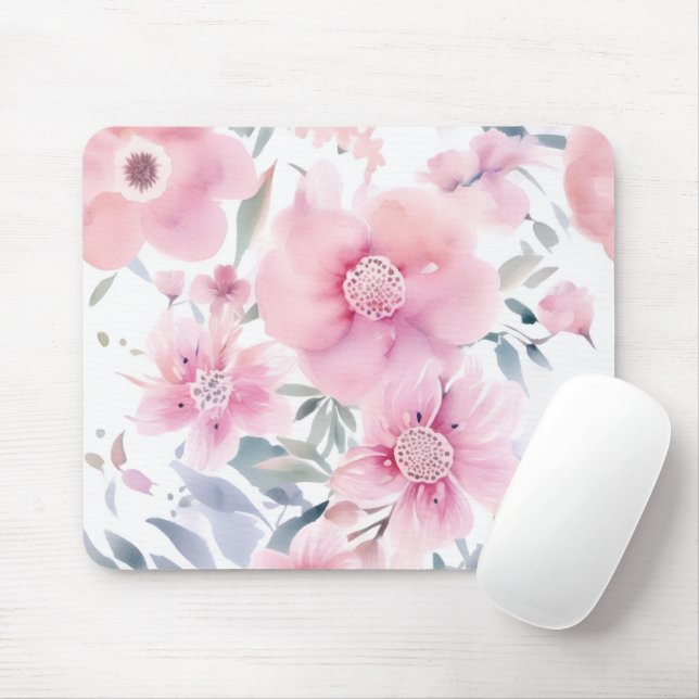 Pink Floral Watercolor  Mouse Pad (With Mouse)