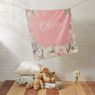 Pink Floral Watercolor Name Baby Girl Baby Blanket