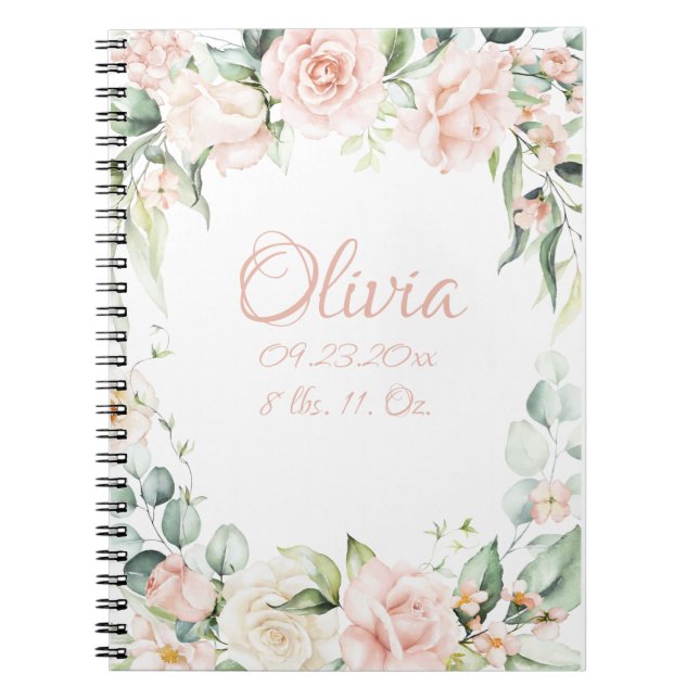 Pink Floral Watercolor Name Girl Baby Notebook (Front)