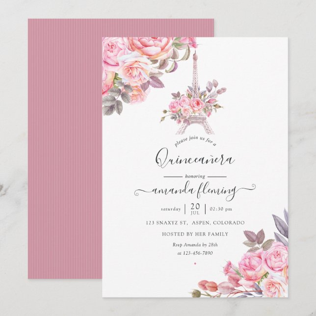 Pink Floral Watercolor Paris Quinceañera Invitation (Front/Back)