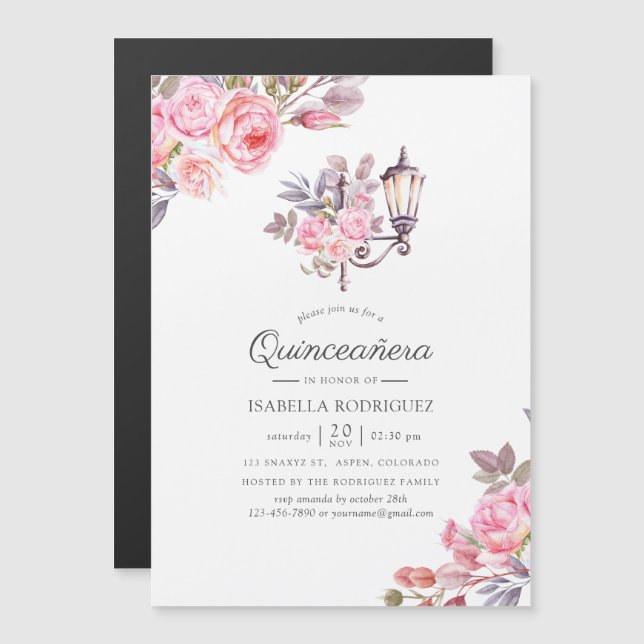 Pink Floral Watercolor Paris themed Quinceañera Magnetic Invitation (Front/Back)