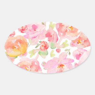Pink Floral Watercolor Pattern Oval Sticker