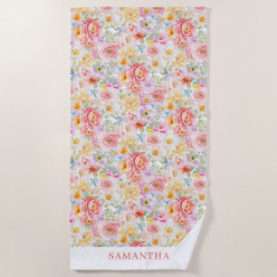 Pink Floral Watercolor Personalised Beach Towel