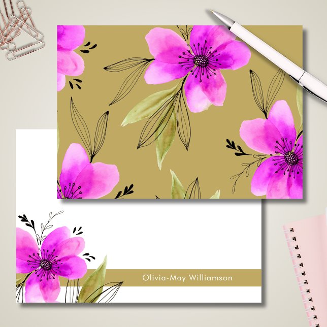Pink Floral Watercolor Personalised Stationery  Card (Pink floral watercolor notecards with personalized name )