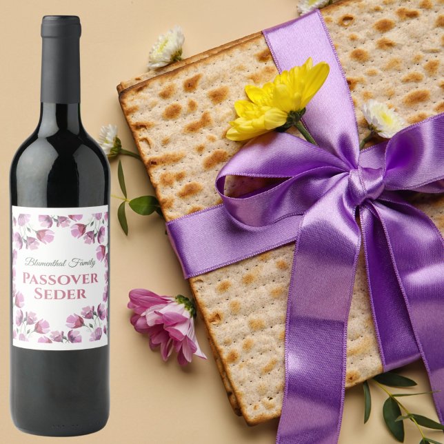 Pink Floral Watercolor Pesach Passover Wine Label (Creator Uploaded)