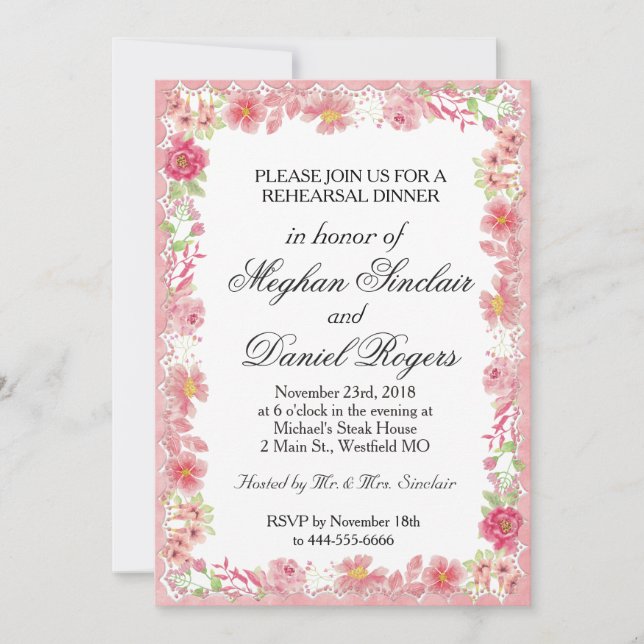 Pink Floral Watercolor Rehearsal Dinner Invitation (Front)