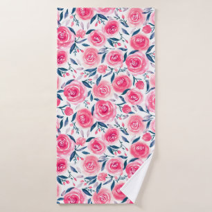 Pink Floral Watercolor Roses Pattern Bath Towel