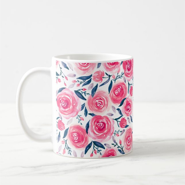 Pink Floral Watercolor Roses Pattern Coffee Mug (Left)