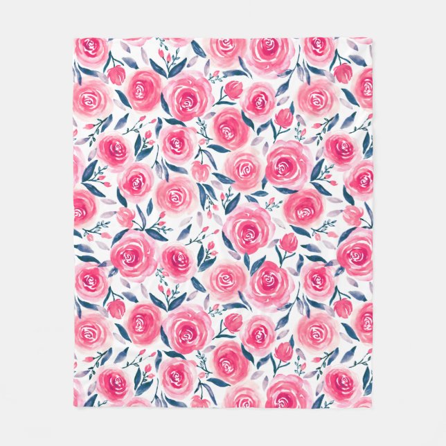 Pink Floral Watercolor Roses Pattern Fleece Blanket (Front)