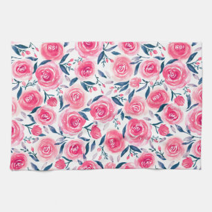 Pink Floral Watercolor Roses Pattern Tea Towel