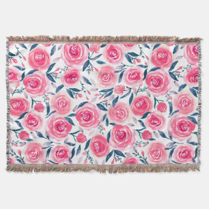 Pink Floral Watercolor Roses Pattern Throw Blanket
