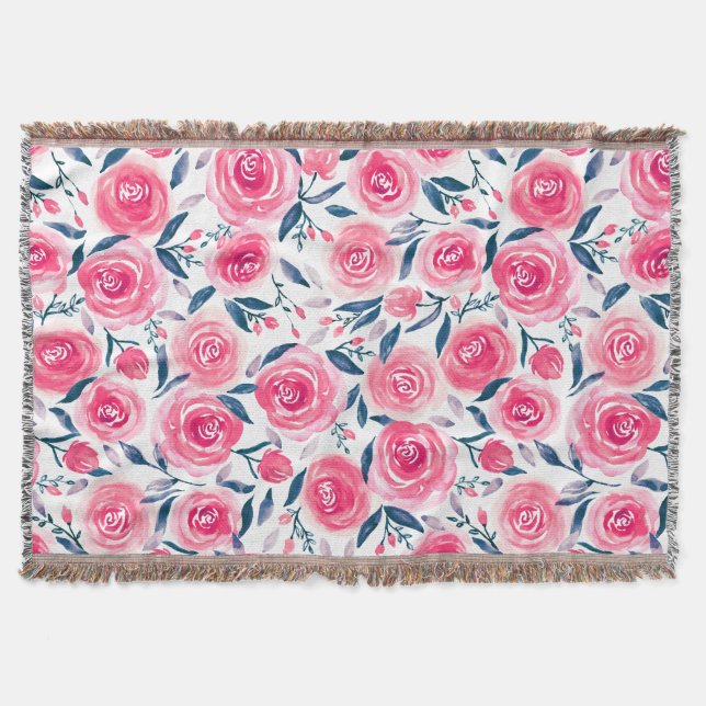 Pink Floral Watercolor Roses Pattern Throw Blanket (Front)