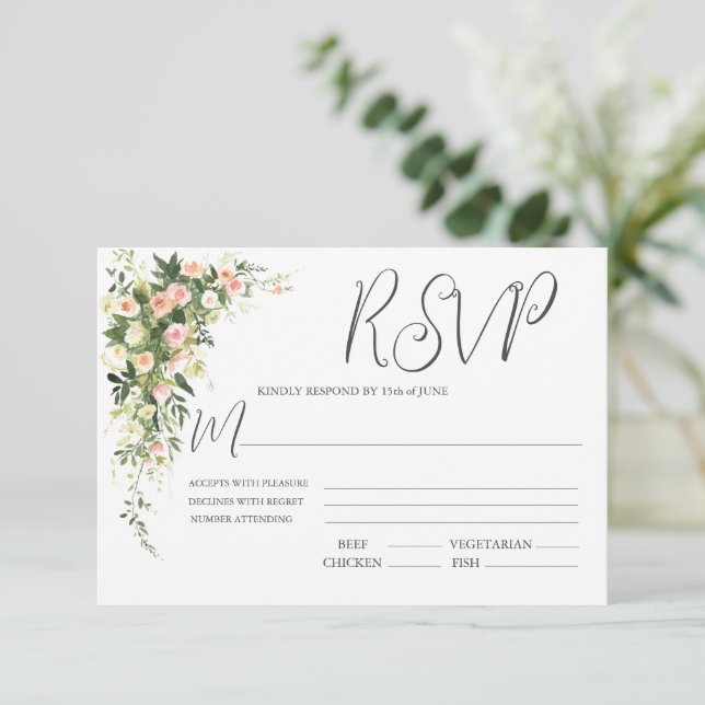 Pink Floral Watercolor Script  RSVP Card (Standing Front)