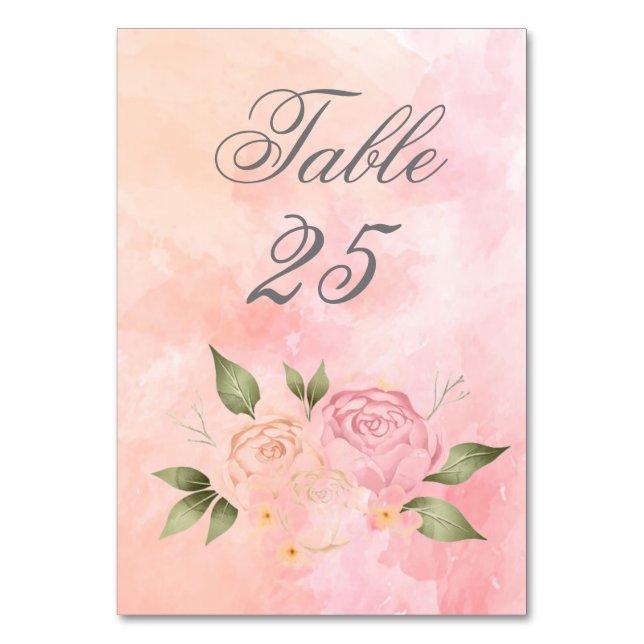 Pink Floral Watercolor Script Wedding Table Number (Front)