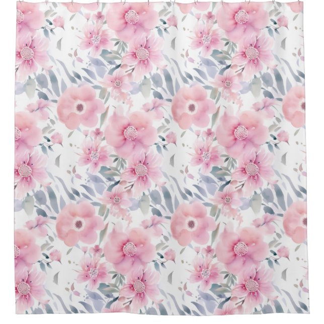 Pink Floral Watercolor  Shower Curtain (Front)