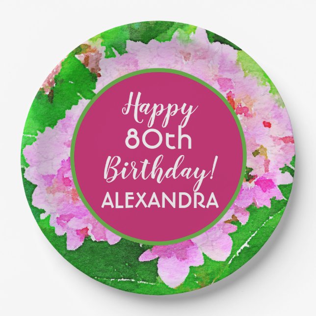Pink Floral Watercolor Splash 80th Birthday Paper Plate (Front)