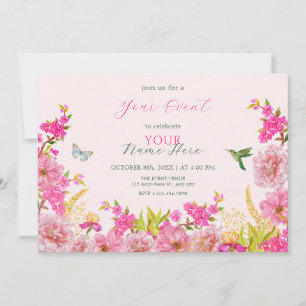 Pink Floral watercolor tropical bird Invitation