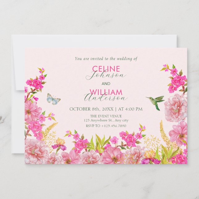 Pink Floral watercolor tropical bird wedding Invitation (Front)